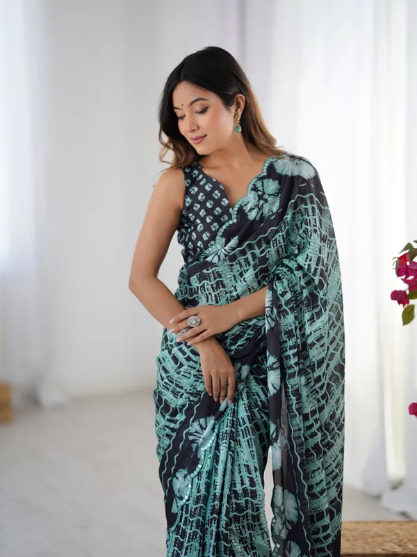 Black_And_Sea_Green_Pure_Chinon_Digital_Print_Saree_With_Mirror_Work_Scallop_Border_For_Women