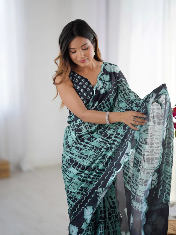 Black_And_Sea_Green_Pure_Chinon_Digital_Print_Saree_With_Mirror_Work_Scallop_Border_For_Women