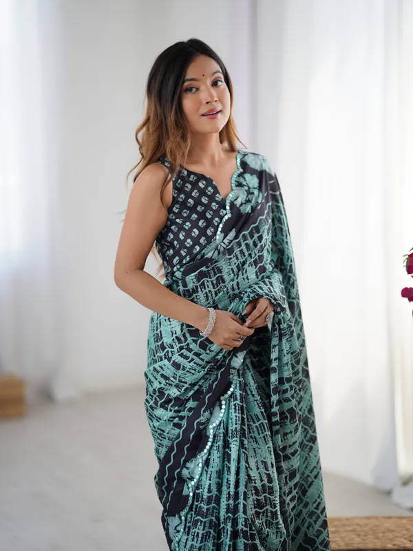 Black_And_Sea_Green_Pure_Chinon_Digital_Print_Saree_With_Mirror_Work_Scallop_Border_For_Women