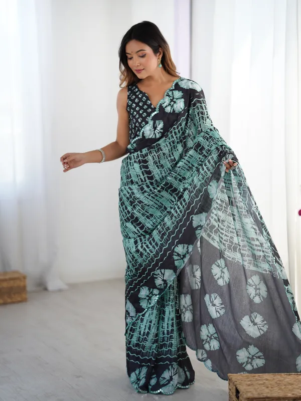 Black_And_Sea_Green_Pure_Chinon_Digital_Print_Saree_With_Mirror_Work_Scallop_Border_For_Women