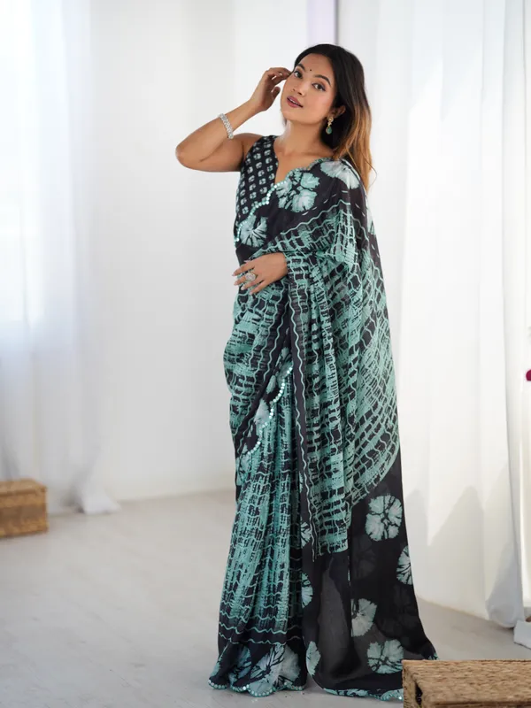 Black_And_Sea_Green_Pure_Chinon_Digital_Print_Saree_With_Mirror_Work_Scallop_Border_For_Women