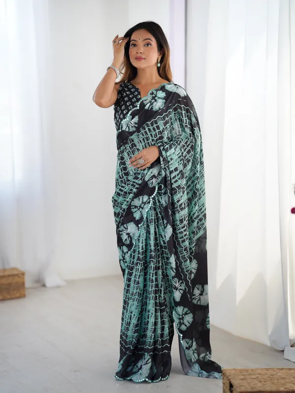 Black_And_Sea_Green_Pure_Chinon_Digital_Print_Saree_With_Mirror_Work_Scallop_Border_For_Women