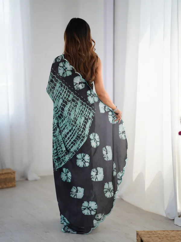 Black_And_Sea_Green_Pure_Chinon_Digital_Print_Saree_With_Mirror_Work_Scallop_Border_For_Women