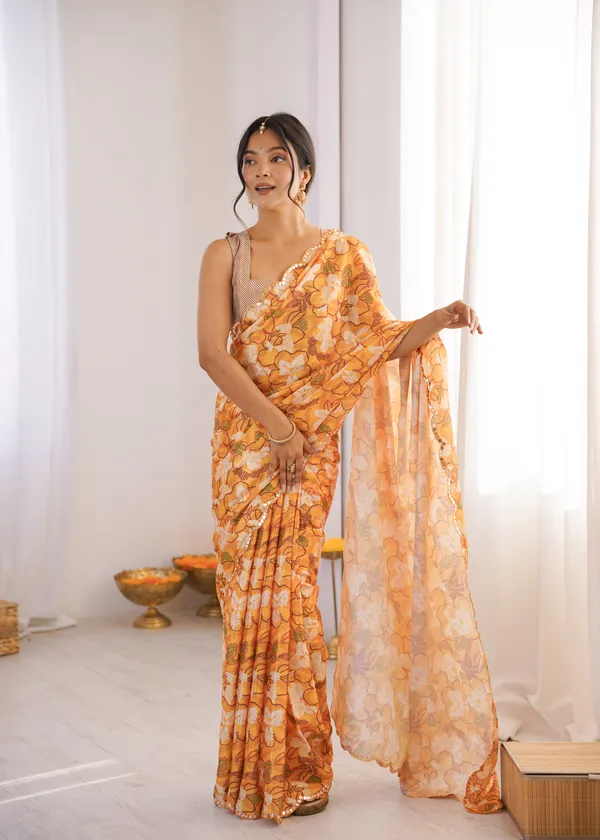 Yellow_Pure_Chinon_Digital_Print_Saree_With_Mirror_Work_Scallop_Border_For_Women