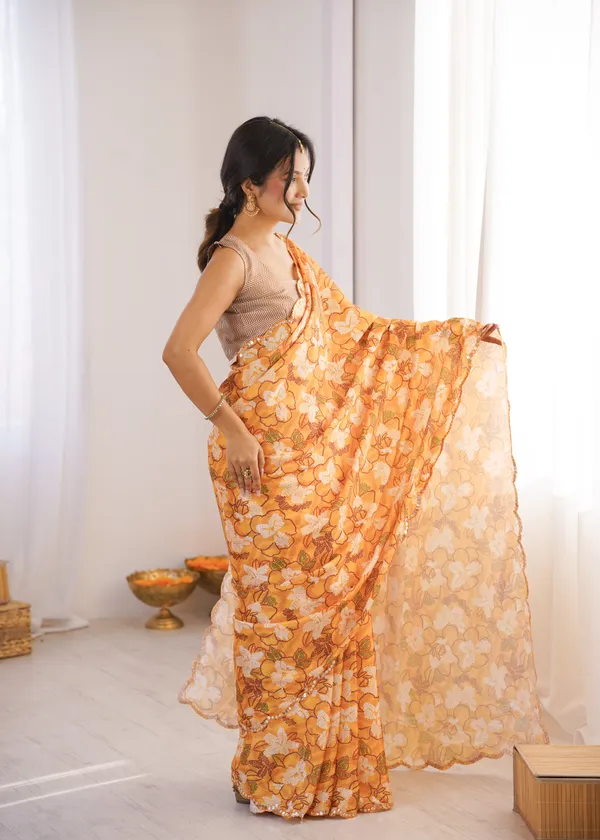 Yellow_Pure_Chinon_Digital_Print_Saree_With_Mirror_Work_Scallop_Border_For_Women
