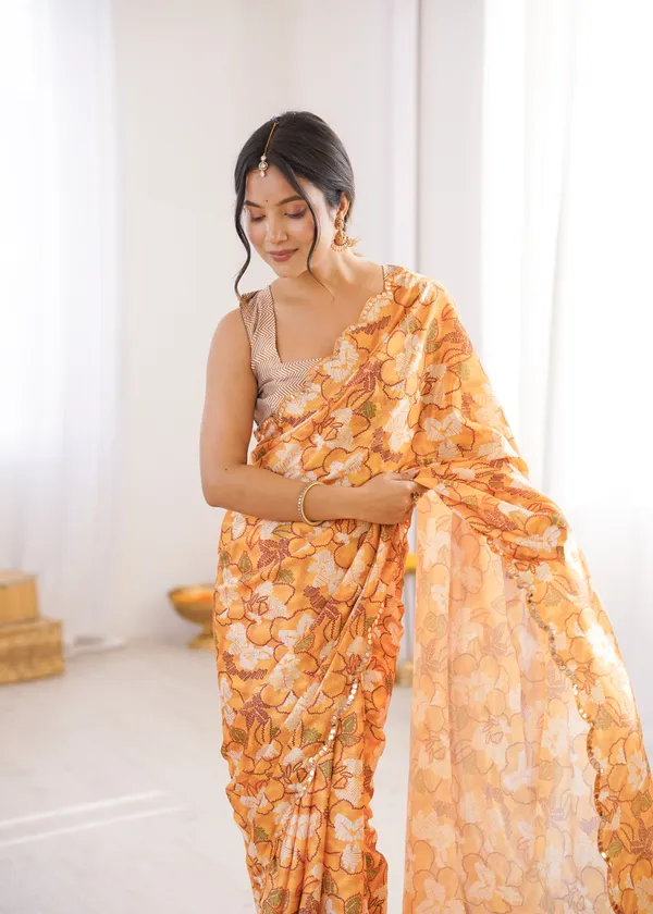 Yellow_Pure_Chinon_Digital_Print_Saree_With_Mirror_Work_Scallop_Border_For_Women