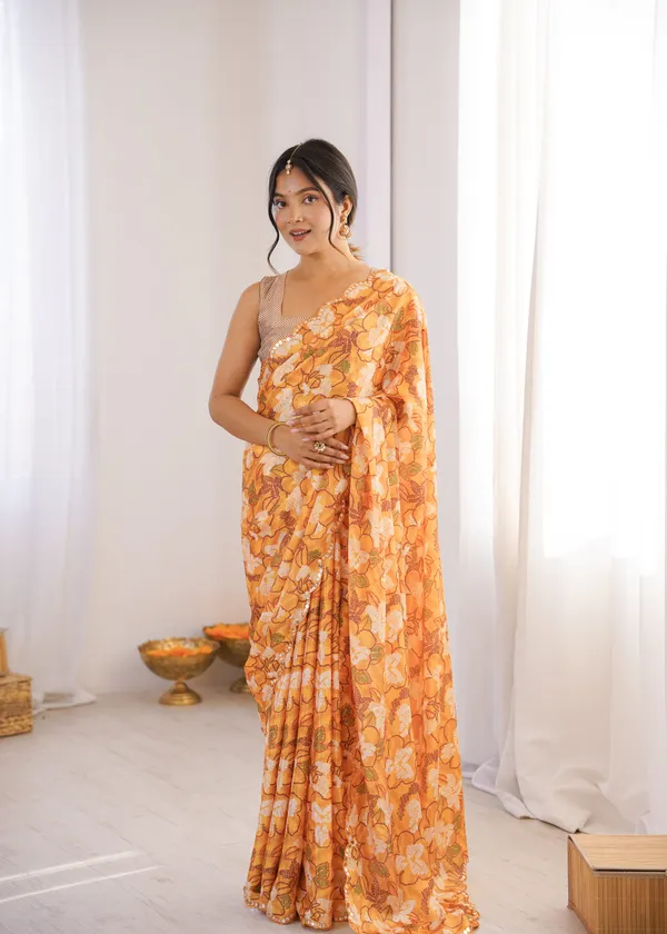 Yellow_Pure_Chinon_Digital_Print_Saree_With_Mirror_Work_Scallop_Border_For_Women