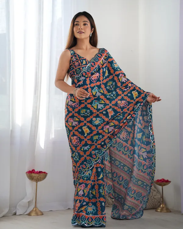 Navy_And_Yellow_Pure_Chinon_Digital_Print_Saree_With_Mirror_Work_Scallop_Border_For_Women