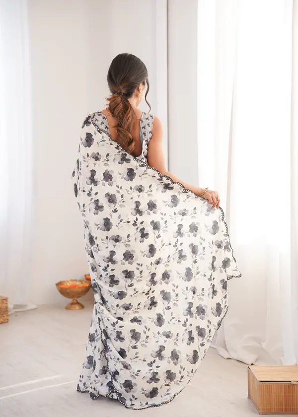 White_And_Black_Pure_Chinon_Digital_Print_Saree_With_Mirror_Work_Scallop_Border_For_Women