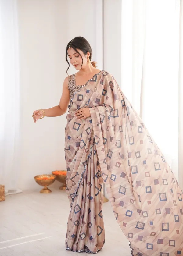 Beige_And_Blue_Pure_Chinon_Digital_Print_Saree_With_Mirror_Work_Scallop_Border_For_Women