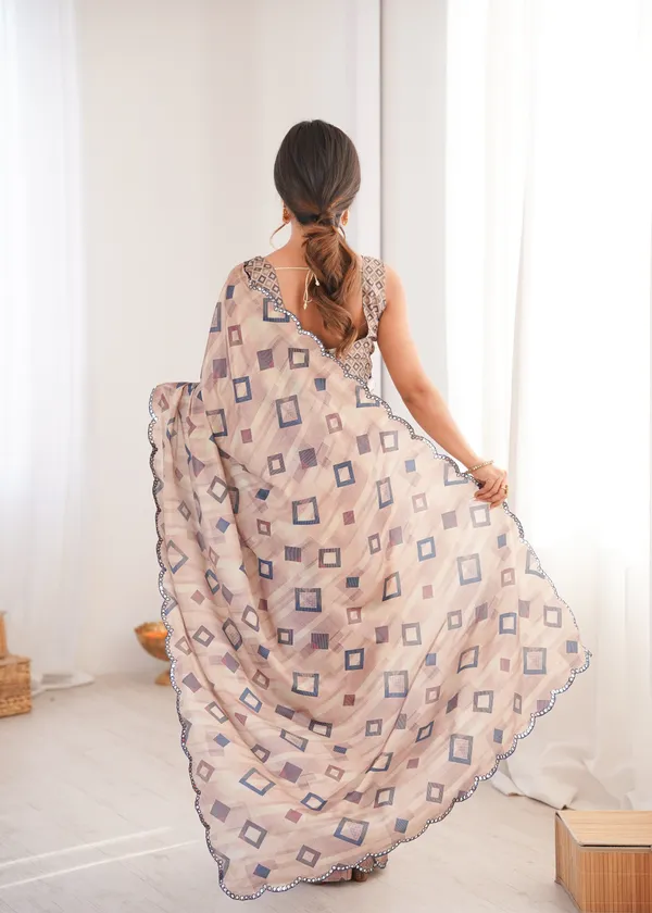 Beige_And_Blue_Pure_Chinon_Digital_Print_Saree_With_Mirror_Work_Scallop_Border_For_Women