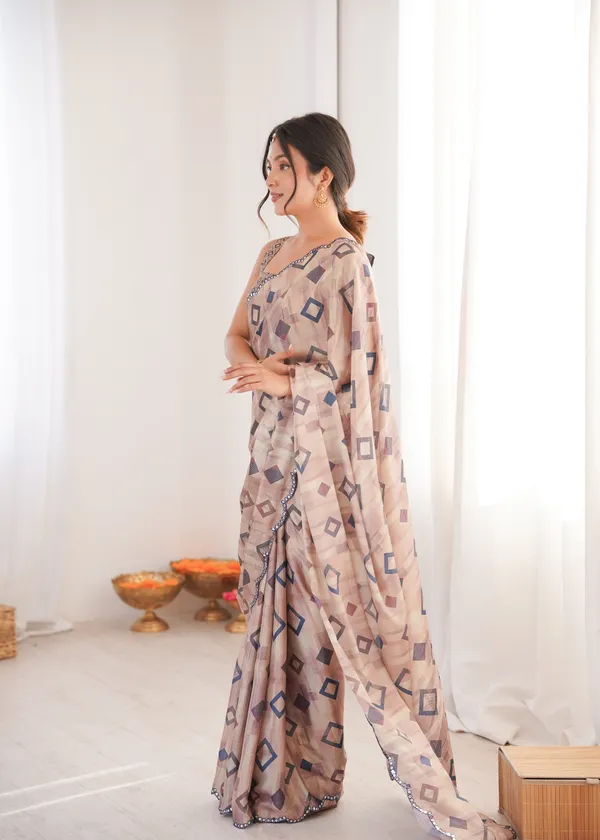 Beige_And_Blue_Pure_Chinon_Digital_Print_Saree_With_Mirror_Work_Scallop_Border_For_Women