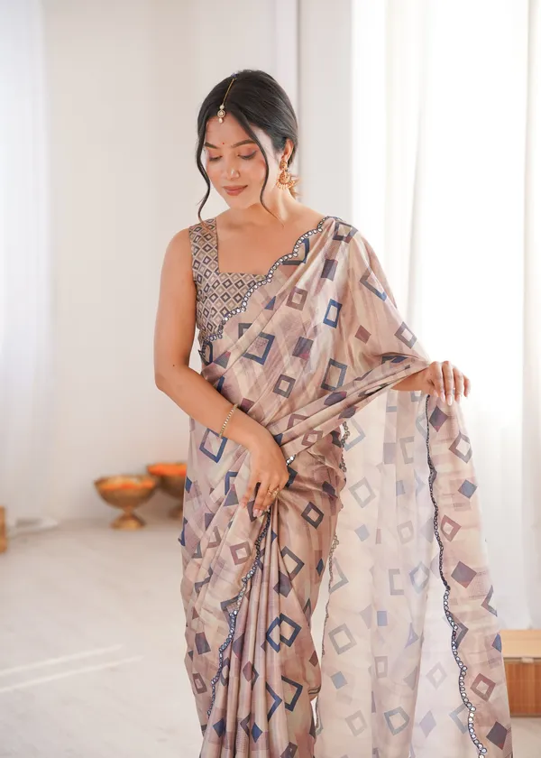 Beige_And_Blue_Pure_Chinon_Digital_Print_Saree_With_Mirror_Work_Scallop_Border_For_Women