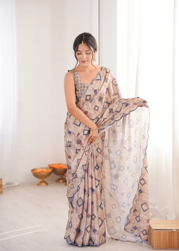 Beige_And_Blue_Pure_Chinon_Digital_Print_Saree_With_Mirror_Work_Scallop_Border_For_Women