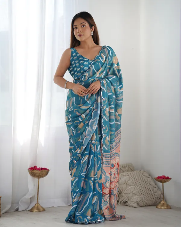 Blue_Pure_Chinon_Digital_Print_Saree_With_Mirror_Work_Scallop_Border_For_Women