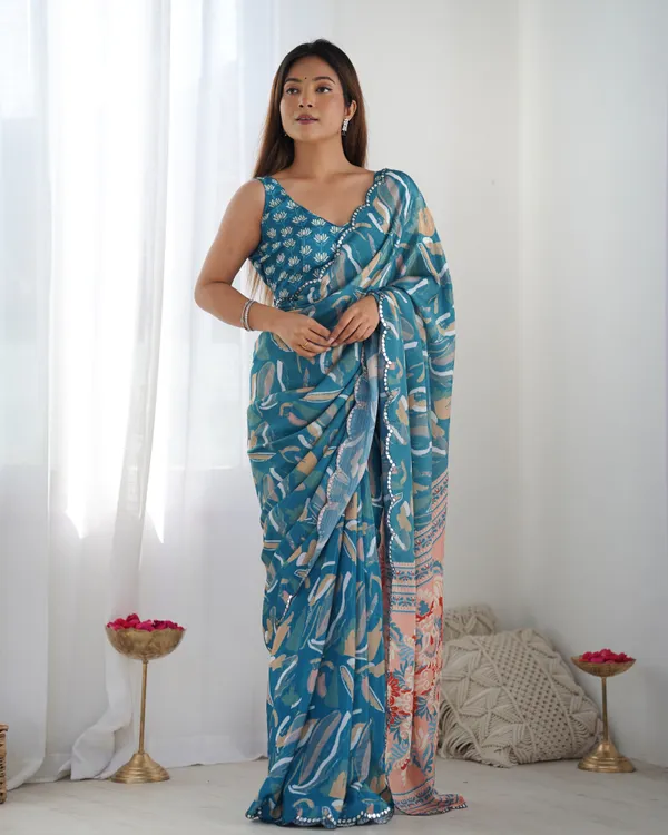 Blue_Pure_Chinon_Digital_Print_Saree_With_Mirror_Work_Scallop_Border_For_Women