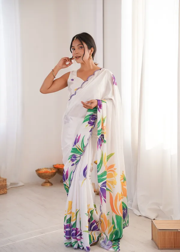 White_Pure_Chinon_Digital_Print_Saree_With_Mirror_Work_Scallop_Border_For_Women