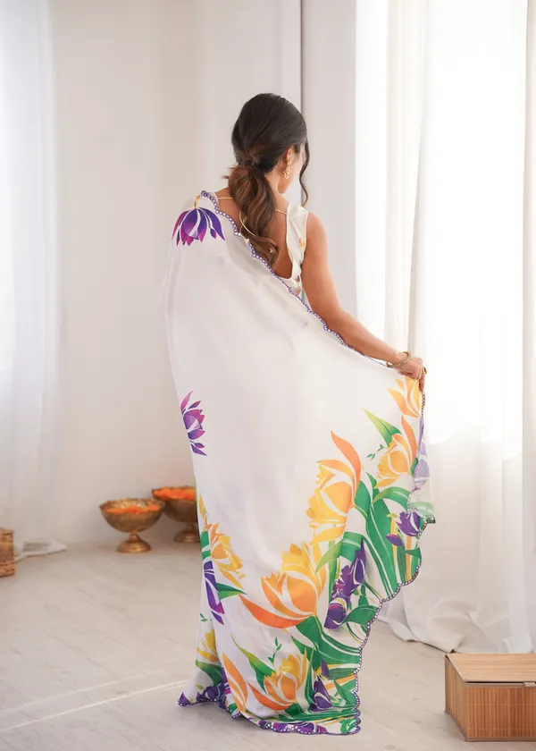 White_Pure_Chinon_Digital_Print_Saree_With_Mirror_Work_Scallop_Border_For_Women