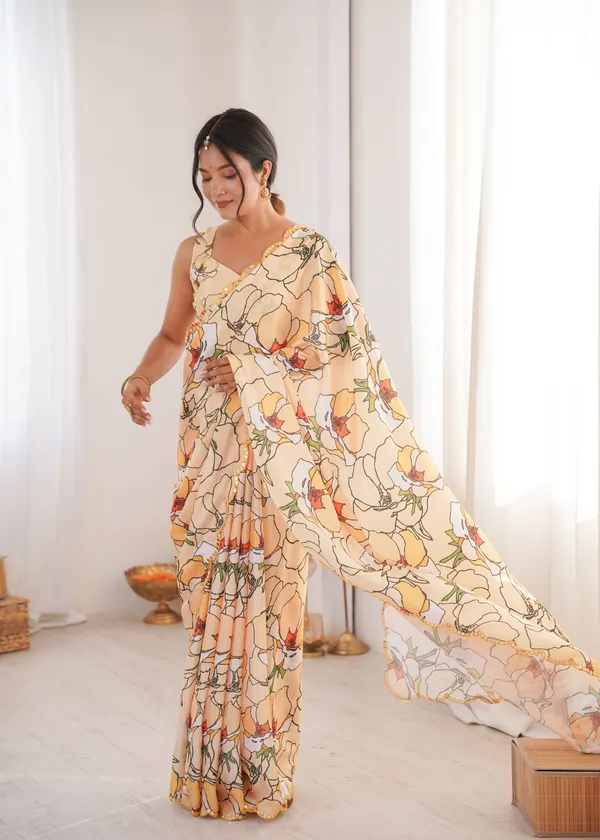 Yellow_Pure_Chinon_Digital_Print_Saree_With_Mirror_Work_Scallop_Border_For_Women