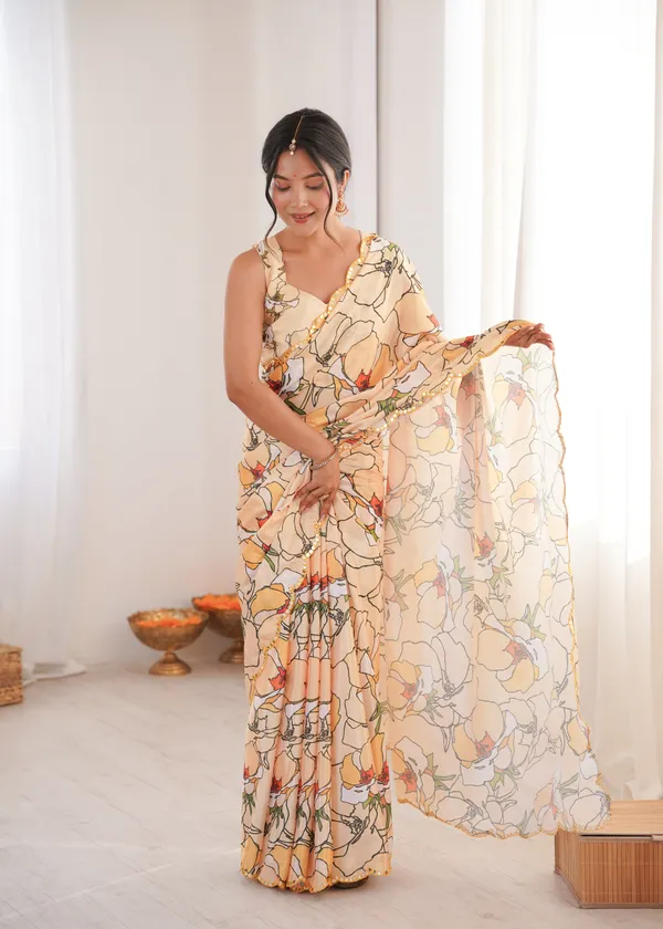 Yellow_Pure_Chinon_Digital_Print_Saree_With_Mirror_Work_Scallop_Border_For_Women