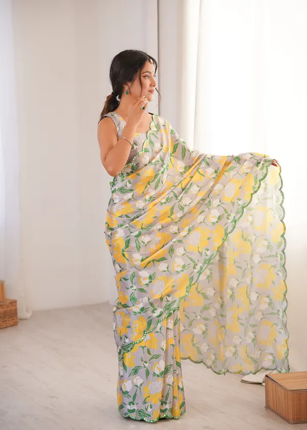 Lime_Yellow_And_Green_Pure_Chinon_Digital_Print_Saree_With_Mirror_Work_Scallop_Border_For_Women