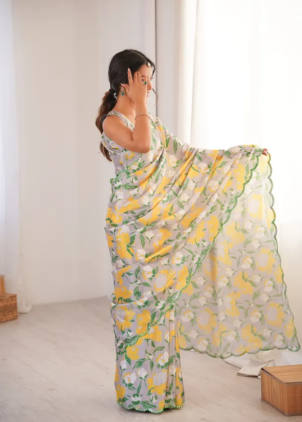 Lime_Yellow_And_Green_Pure_Chinon_Digital_Print_Saree_With_Mirror_Work_Scallop_Border_For_Women