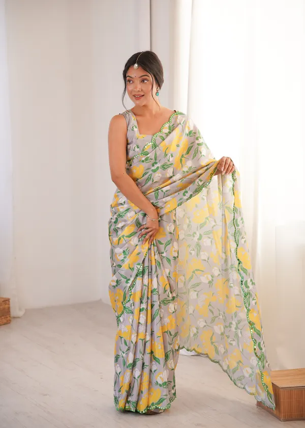 Lime_Yellow_And_Green_Pure_Chinon_Digital_Print_Saree_With_Mirror_Work_Scallop_Border_For_Women