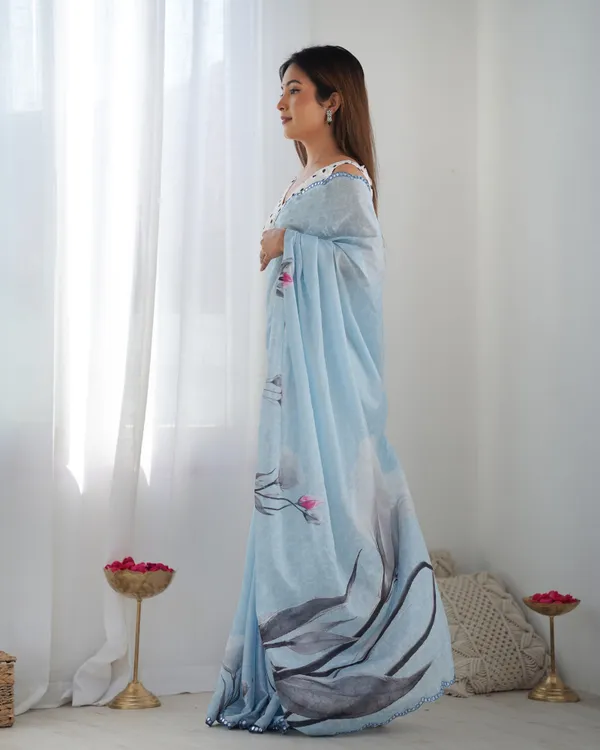 White_And_Light_Blue_Pure_Chinon_Digital_Print_Saree_With_Mirror_Work_Scallop_Border_For_Women
