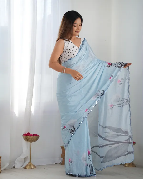 White_And_Light_Blue_Pure_Chinon_Digital_Print_Saree_With_Mirror_Work_Scallop_Border_For_Women
