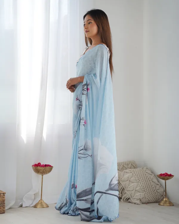 White_And_Light_Blue_Pure_Chinon_Digital_Print_Saree_With_Mirror_Work_Scallop_Border_For_Women