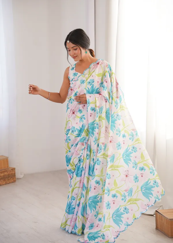 Aqua_Blue_And_White_Pure_Chinon_Digital_Print_Saree_With_Mirror_Work_Scallop_Border_For_Women