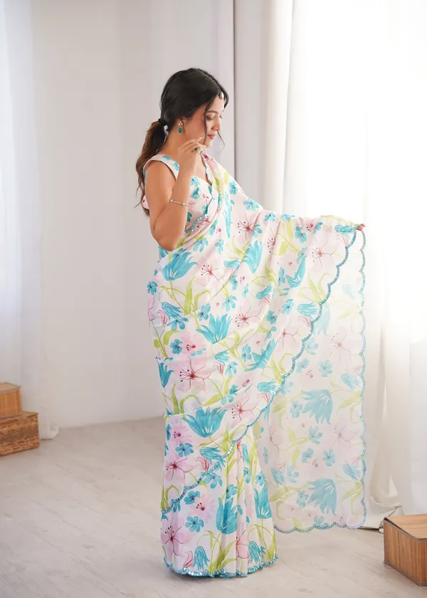 Aqua_Blue_And_White_Pure_Chinon_Digital_Print_Saree_With_Mirror_Work_Scallop_Border_For_Women