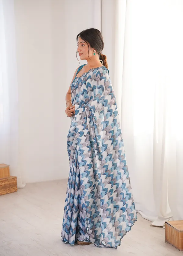 Blue_And_White_Pure_Chinon_Digital_Print_Saree_With_Mirror_Work_Scallop_Border_For_Women