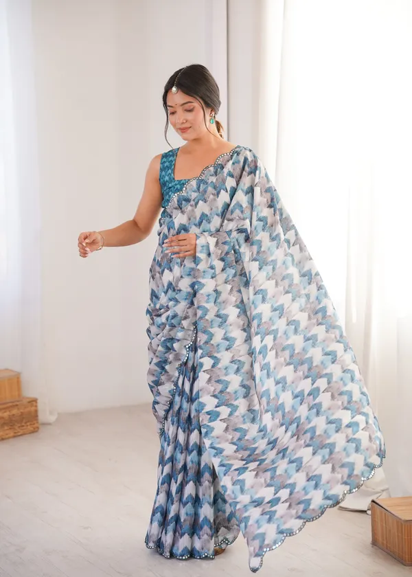 Blue_And_White_Pure_Chinon_Digital_Print_Saree_With_Mirror_Work_Scallop_Border_For_Women