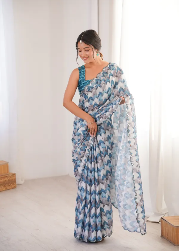 Blue_And_White_Pure_Chinon_Digital_Print_Saree_With_Mirror_Work_Scallop_Border_For_Women