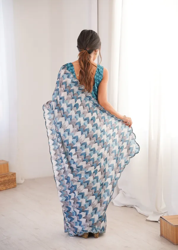 Blue_And_White_Pure_Chinon_Digital_Print_Saree_With_Mirror_Work_Scallop_Border_For_Women