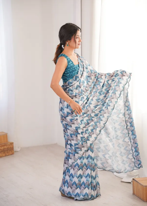 Blue_And_White_Pure_Chinon_Digital_Print_Saree_With_Mirror_Work_Scallop_Border_For_Women