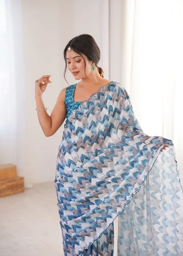 Blue_And_White_Pure_Chinon_Digital_Print_Saree_With_Mirror_Work_Scallop_Border_For_Women