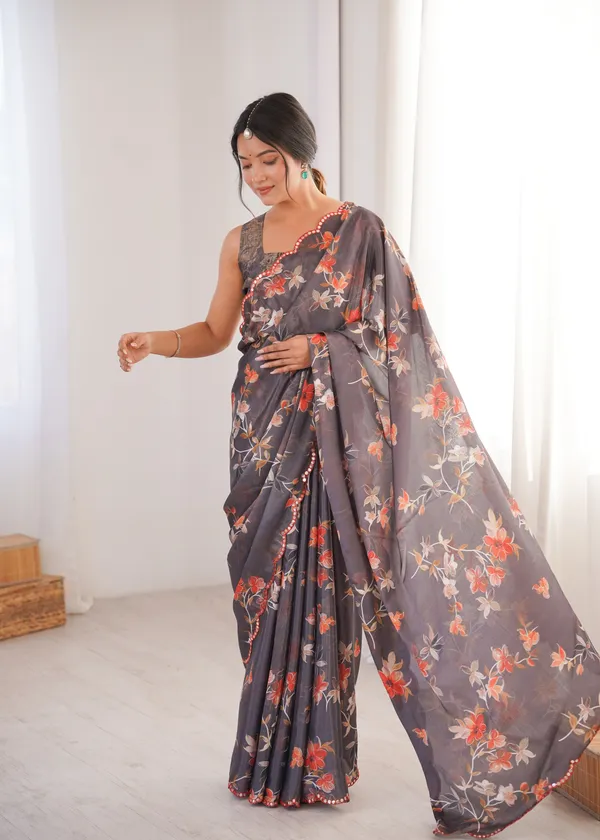 Black_And_Peach_Pure_Chinon_Digital_Print_Saree_With_Mirror_Work_Scallop_Border_For_Women