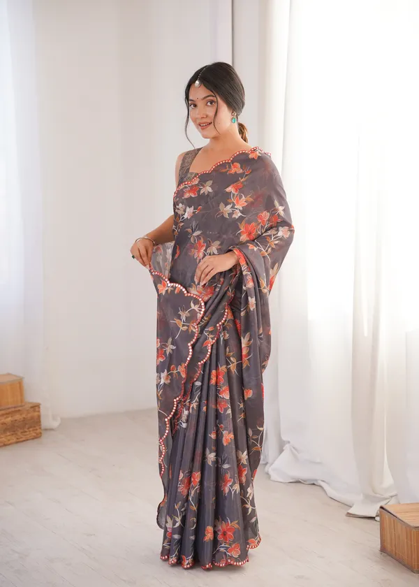 Black_And_Peach_Pure_Chinon_Digital_Print_Saree_With_Mirror_Work_Scallop_Border_For_Women