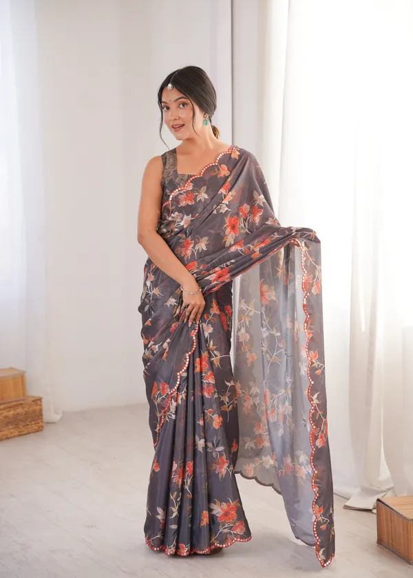 Black_And_Peach_Pure_Chinon_Digital_Print_Saree_With_Mirror_Work_Scallop_Border_For_Women