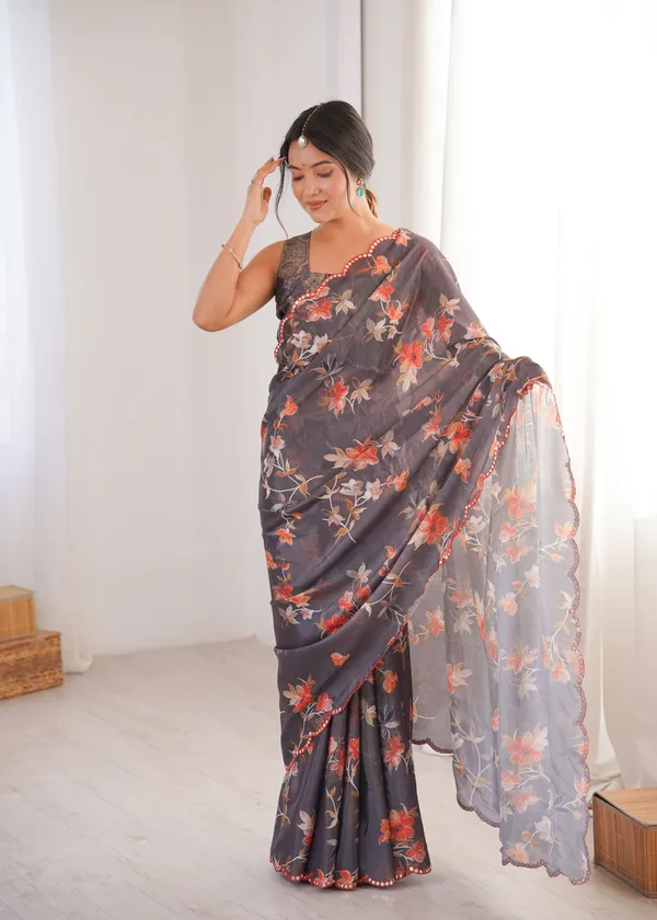 Black_And_Peach_Pure_Chinon_Digital_Print_Saree_With_Mirror_Work_Scallop_Border_For_Women