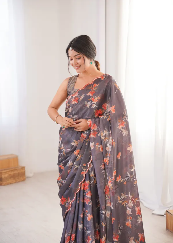 Black_And_Peach_Pure_Chinon_Digital_Print_Saree_With_Mirror_Work_Scallop_Border_For_Women