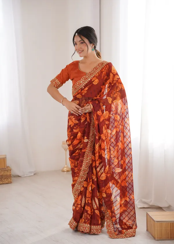 Orange_Printed_Chiffon_Georgette_Partywear_Saree_For_Women