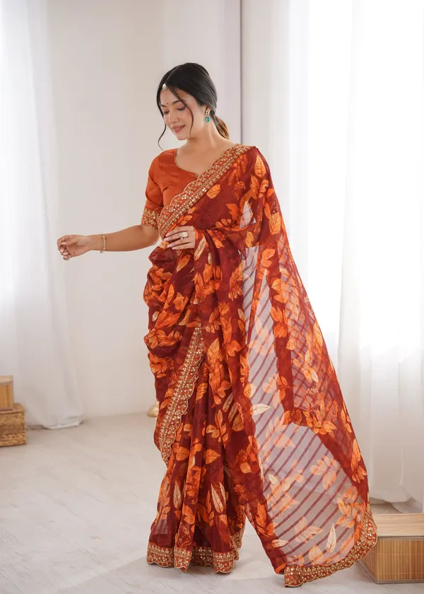 Orange_Printed_Chiffon_Georgette_Partywear_Saree_For_Women