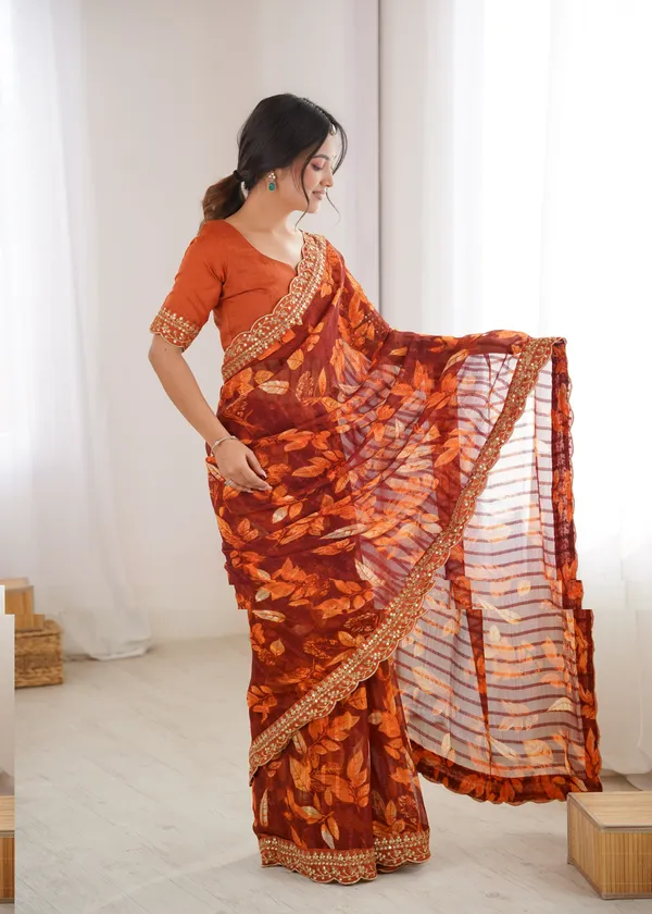 Orange_Printed_Chiffon_Georgette_Partywear_Saree_For_Women