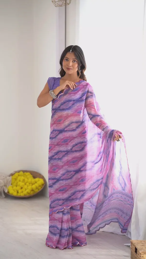 Lavender_Georgette_Digital_Print_Saree_With_Foil_Mirror_Work_Scalloped_Border_For_Women