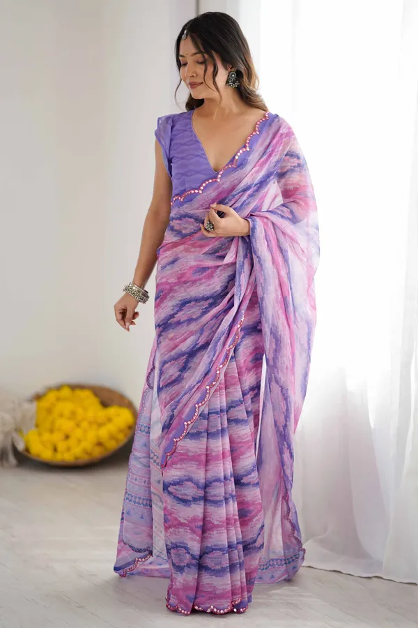 Lavender_Georgette_Digital_Print_Saree_With_Foil_Mirror_Work_Scalloped_Border_For_Women