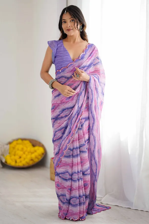 Lavender_Georgette_Digital_Print_Saree_With_Foil_Mirror_Work_Scalloped_Border_For_Women