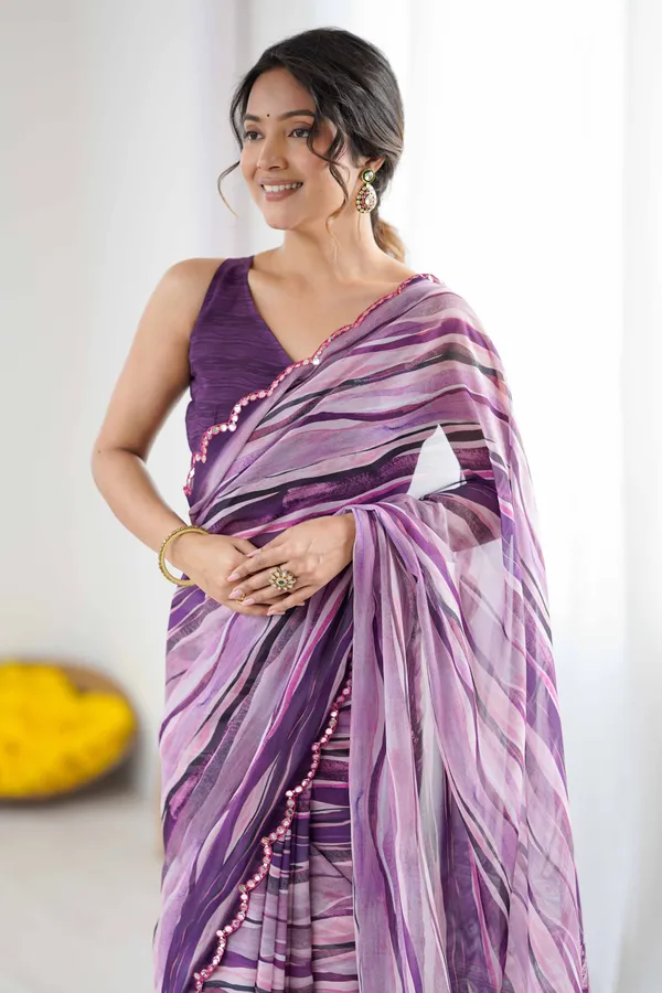 Purple_Georgette_Digital_Print_Saree_With_Foil_Mirror_Work_Scalloped_Border_For_Women